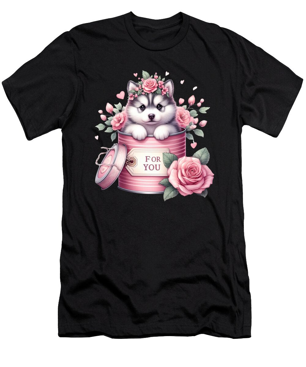 Siberian Husky Puppy Pink Flower Bucket Husky Dog Heidi Joyce T-Shirt
