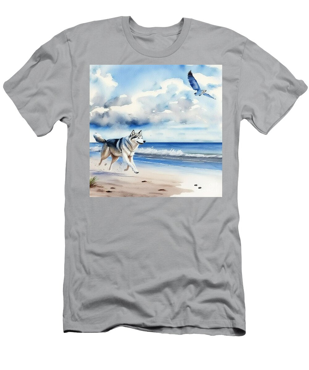 Siberian Husky Running At Beach N Akkash T-Shirt