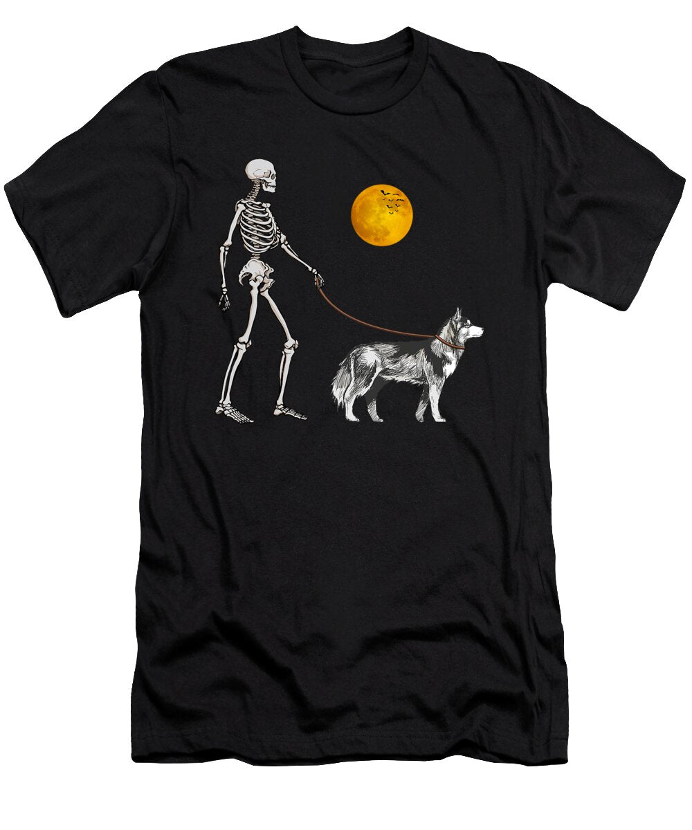 Siberian Husky Skeleton Dog Walking Halloween Natalie Lidford T-Shirt