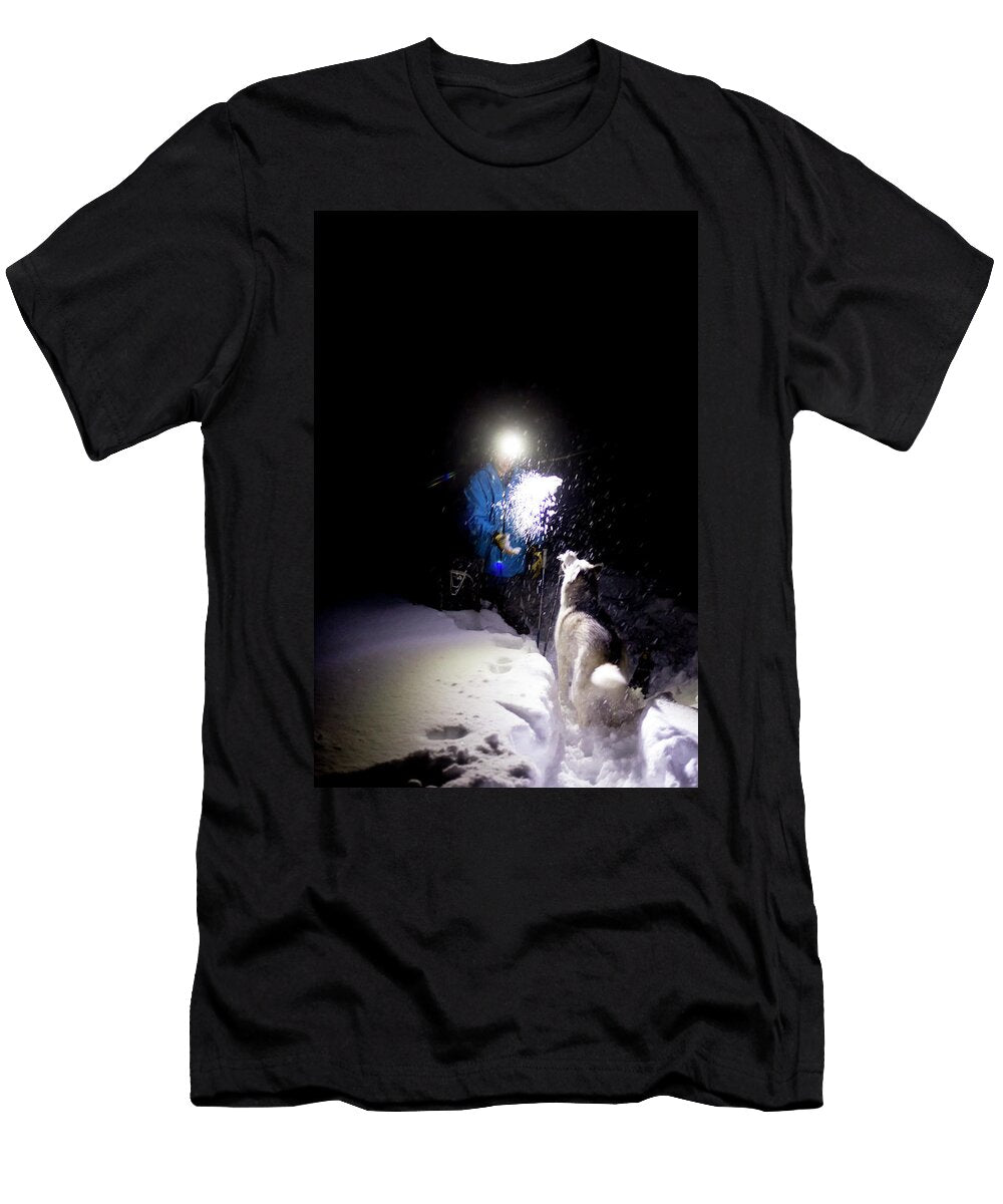 Skier with Husky Dog At Night Lolo Robin Carleton T-Shirt