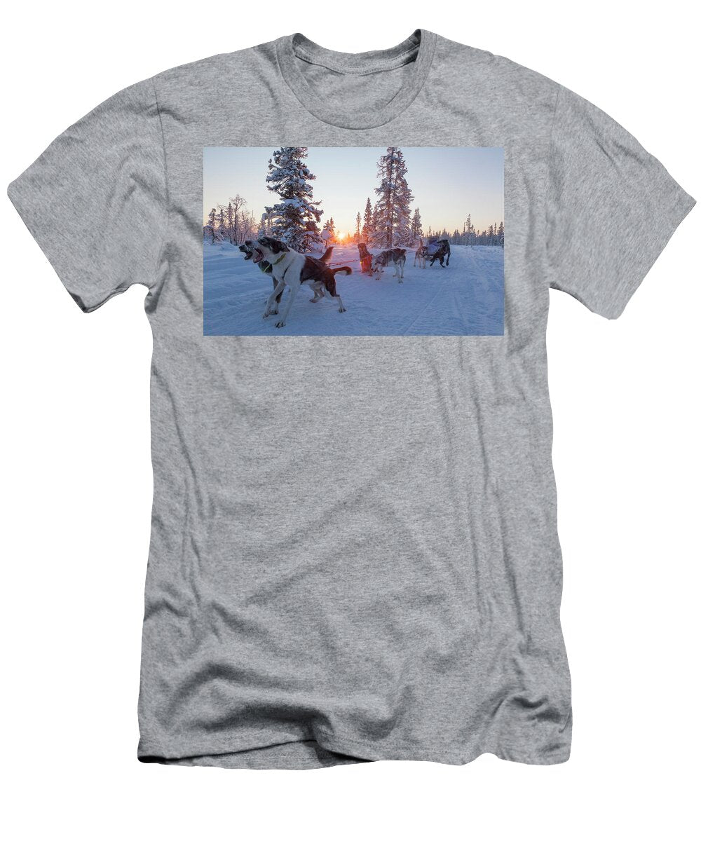 Sled Dogs Barking in the Snowy Forest Johnathan Ampersand Esper T-Shirt