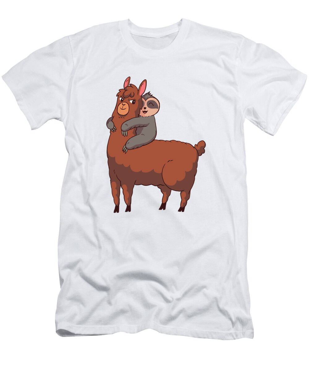 Sleepy Sloth Hugging Llama Cute and Funny Animal Art Designs T-Shirt