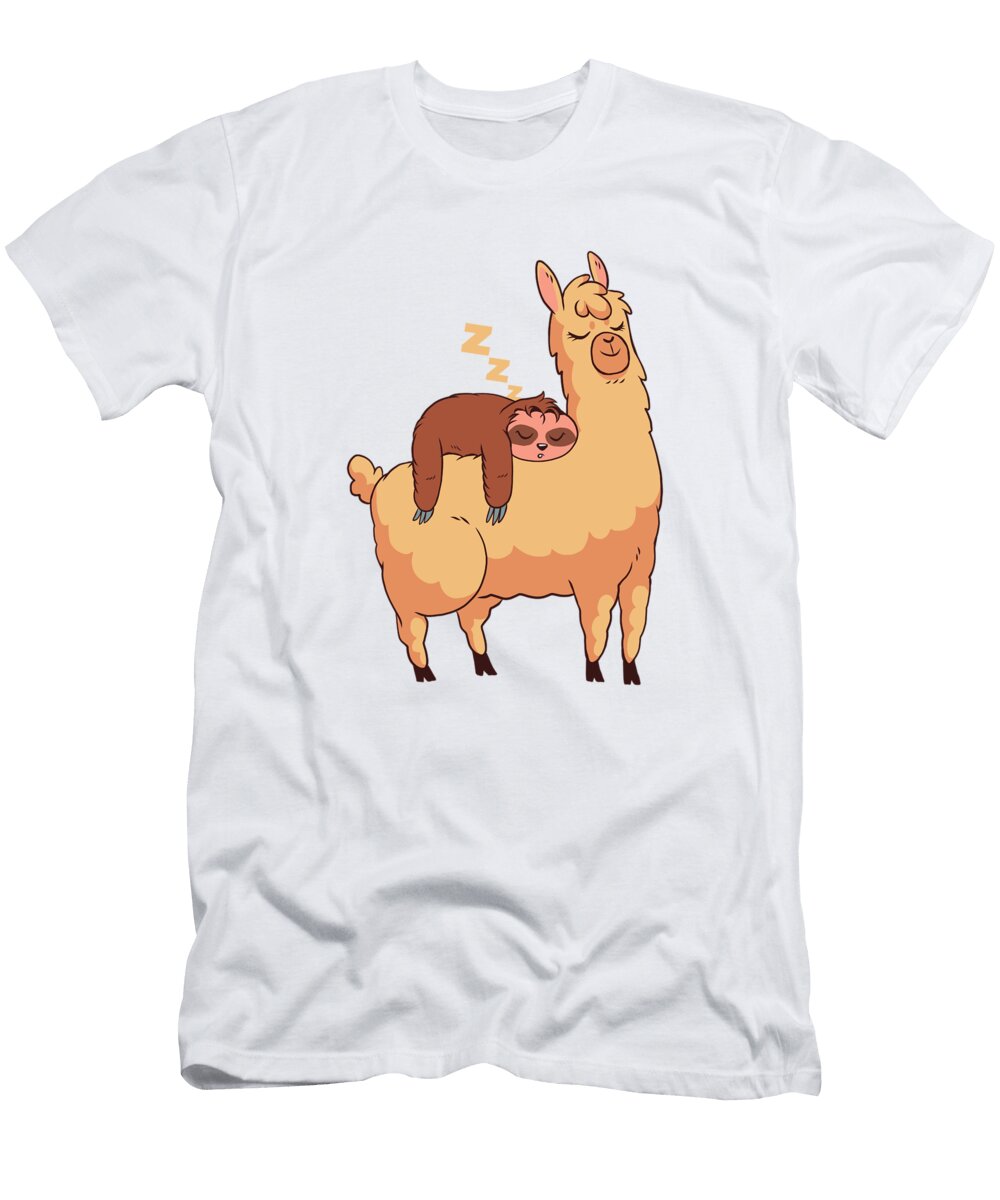 Sleepy Sloth Sleeping on Llama Cute and Funny Animal Art Designs T-Shirt