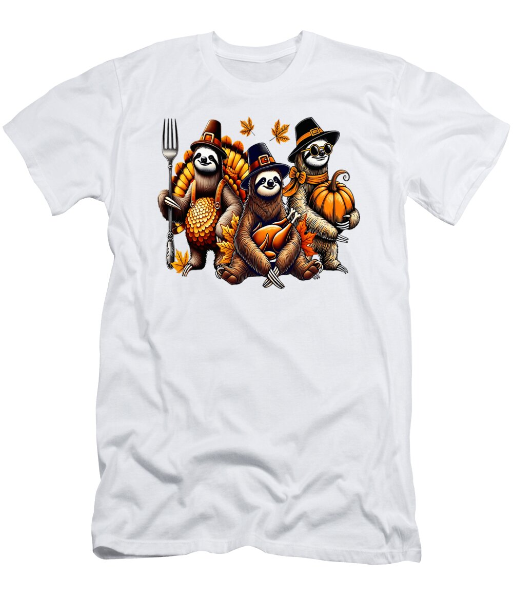 Sloth Turkey Thanksgiving Trio of Sloths Fall Studi Alex T-Shirt
