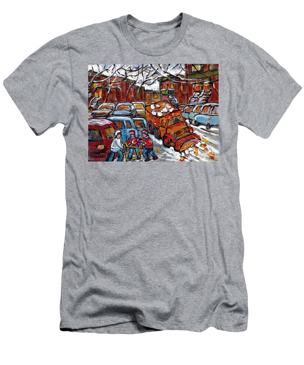 Snow Plow Winterscene Paintng for Sale Street Hockey Canadian Art for Sale C Spandau Montreal Artist Carole Spandau T-Shirt