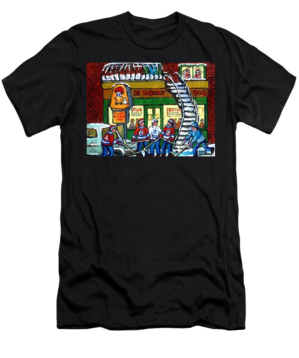 Snowy Staircase Street Hockeey Original Montreal Paintings for Sale Sthubert Bbq Winter Scene Art Carole Spandau T-Shirt