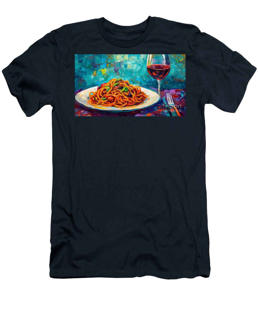 Spaghetti Celebration Fresh Basil Tomatoes and Red Wine Elegance Olfactoart Studio T-Shirt