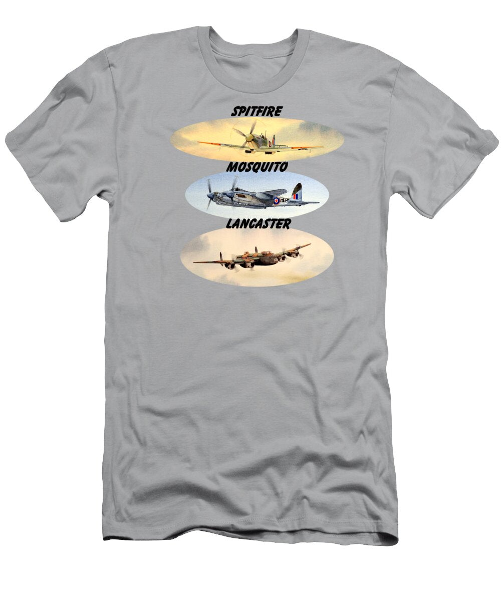 Spitfire Mosquito Lancaster Aircraft with Name Banners Bill Holkham T-Shirt
