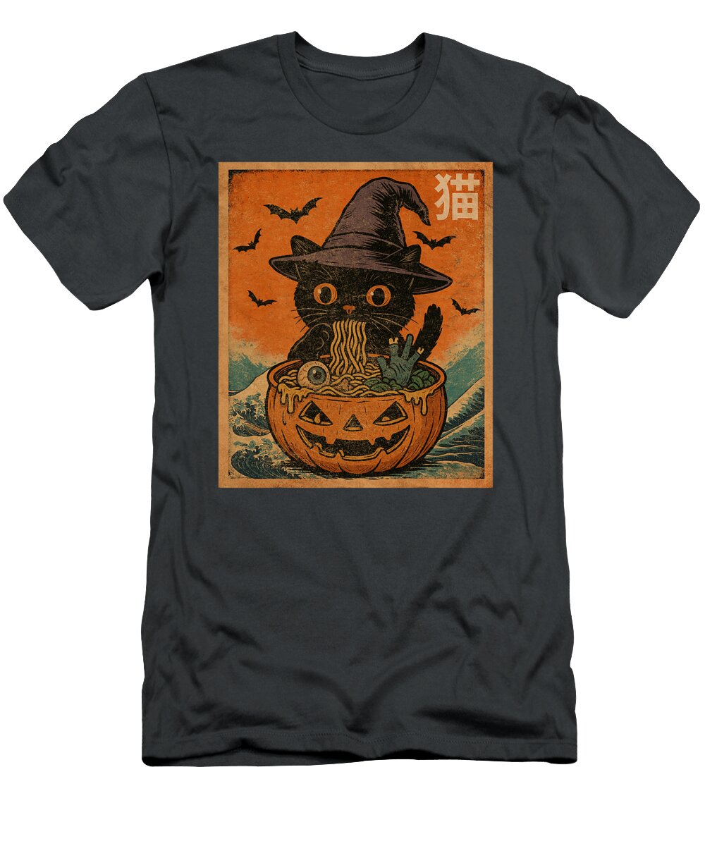 Spooky Black Cat Eating Ramen Japanese Halloween Zyneu Gangd T-Shirt