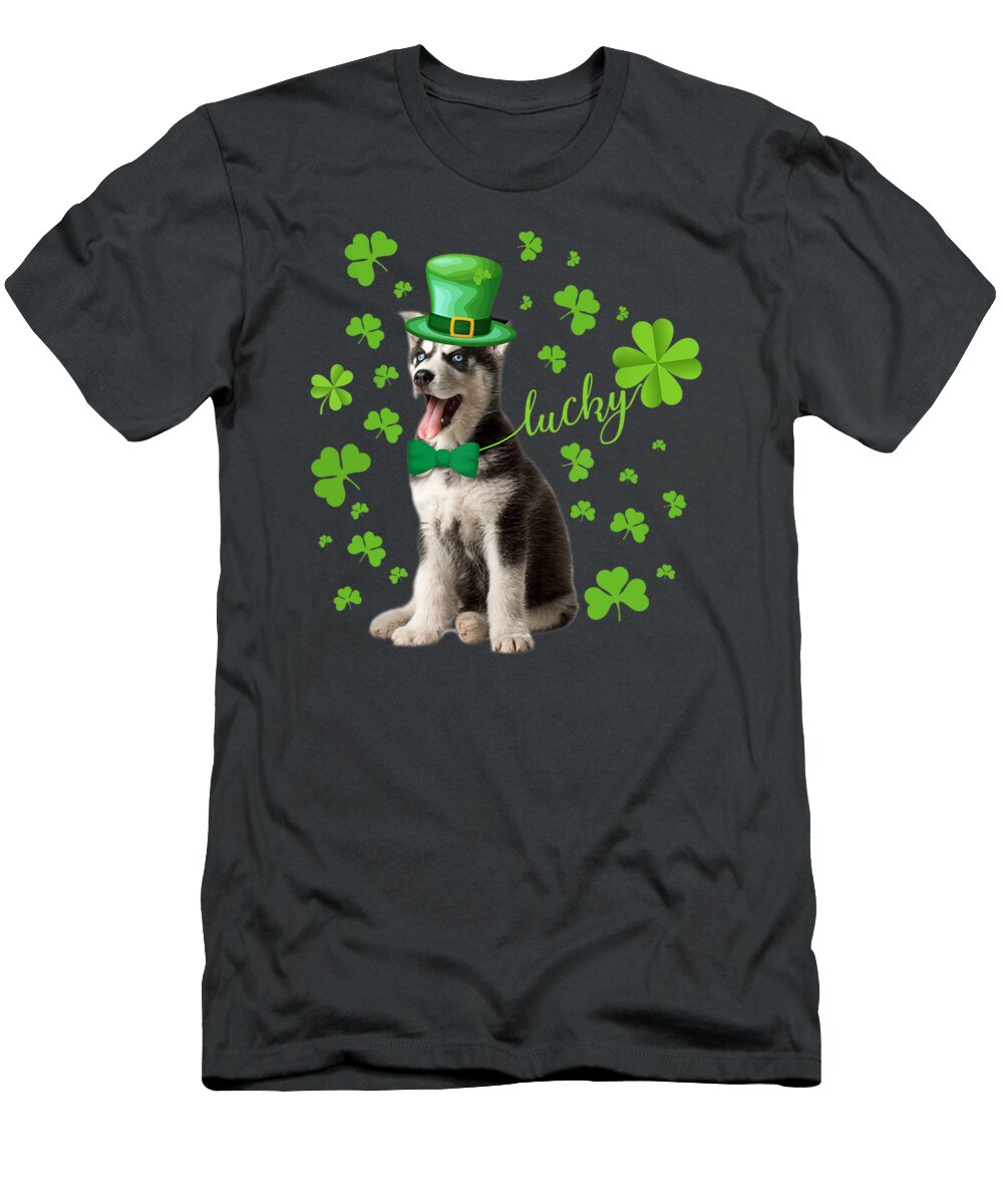 St Patrick Day Husky Lucky Shamrock Funny Dog Lover Gift Julie Hurst T-Shirt