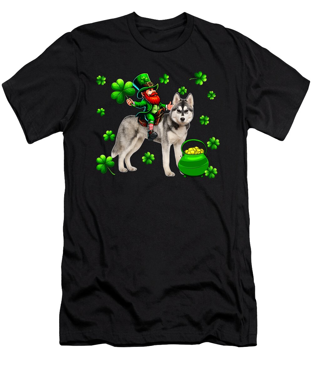 St Patricks Day Man Riding Husky Shamrocks Natalie Lidford T-Shirt
