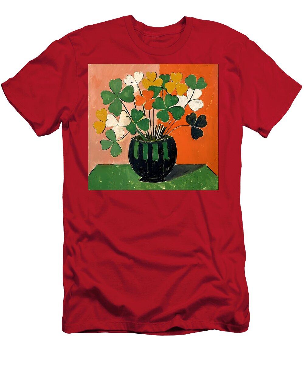 St Patricks Serenity Minimalistic Shamrock Bliss in Green Orange White Olfactoart Studio T-Shirt