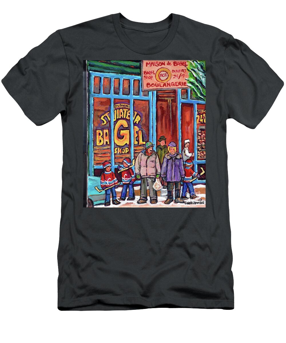 St Viateur Bagel Boulangerie Deli Hockey Kids Montreal Winter Canadian Paintings C Spandau Art Carole Spandau T-Shirt