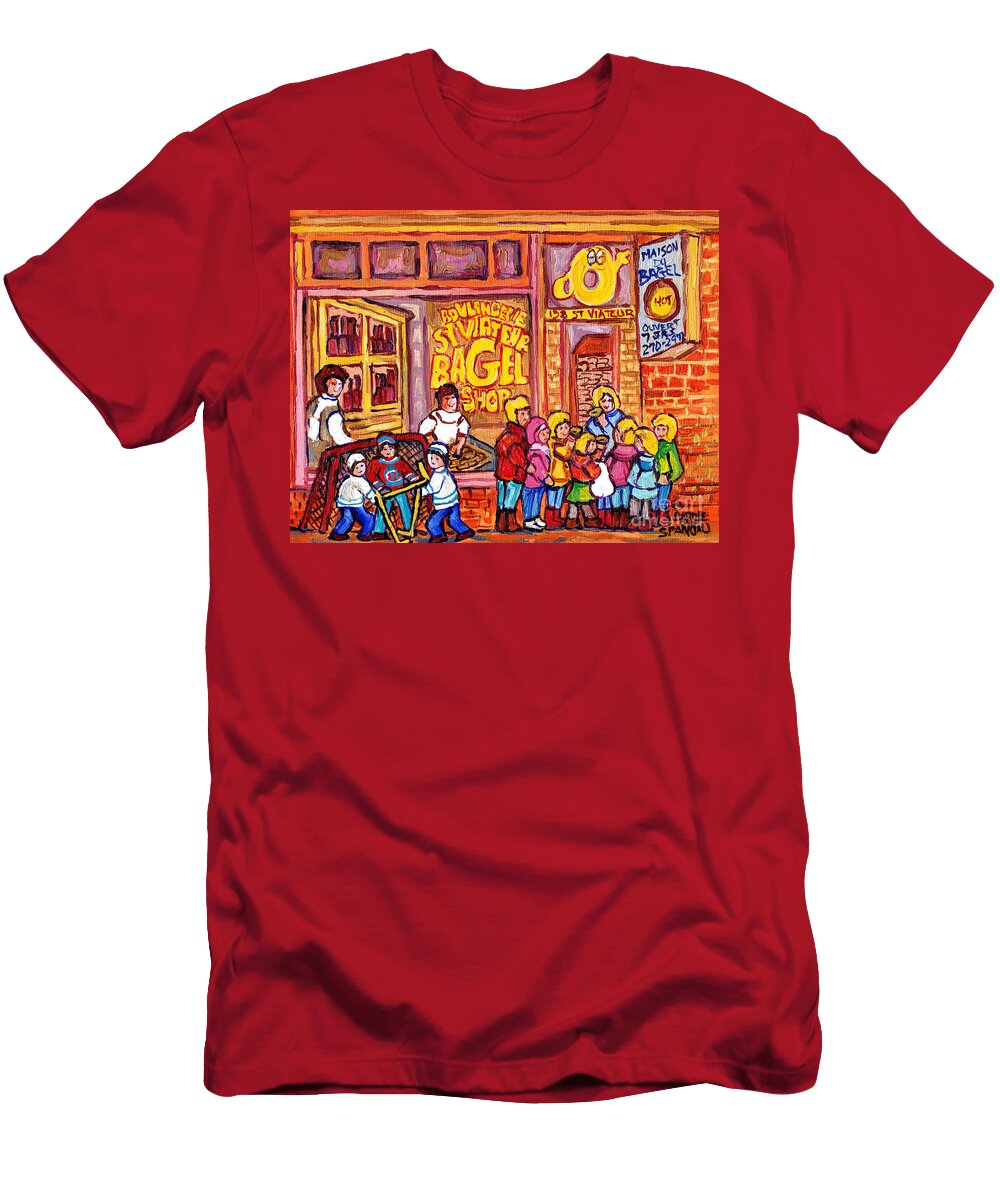 St Viateur Bagel Shop Montreal Art Kids and Bagels Hockey Fun C Spandau Canadian City Scene Painting Carole Spandau T-Shirt
