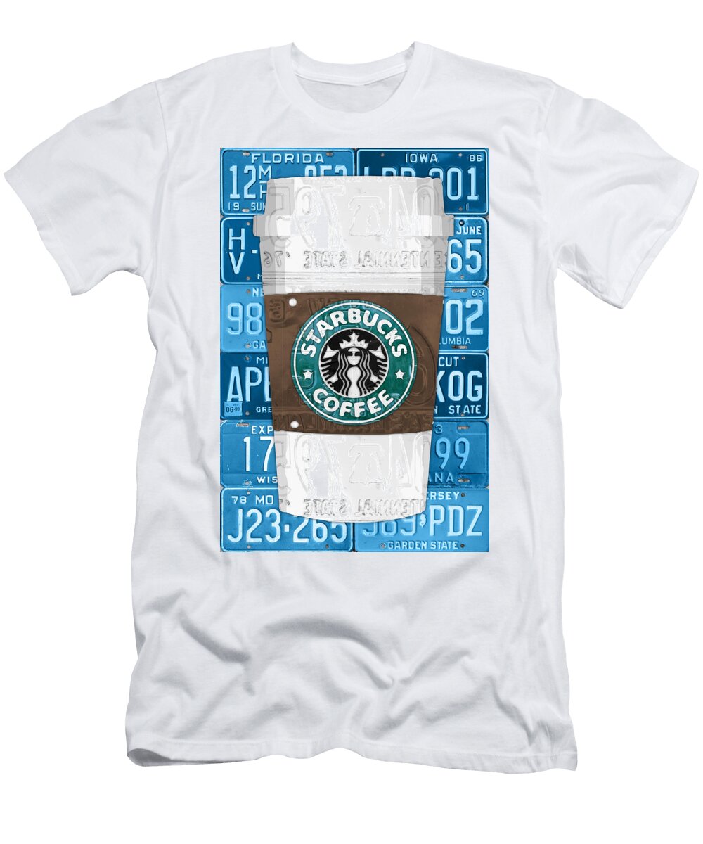 Starbucks Coffee Cup Recycled Vintage License Plate Pop Art Design Turnpike T-Shirt