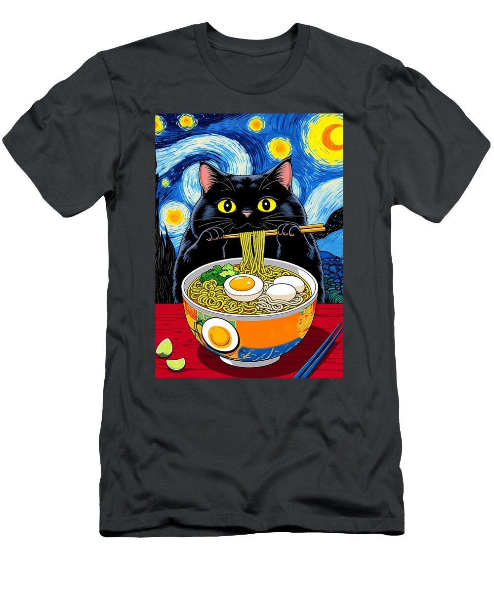 Starry Night Black Fat Cat Ramen Funny Black Fat Zyneu Gangd T-Shirt