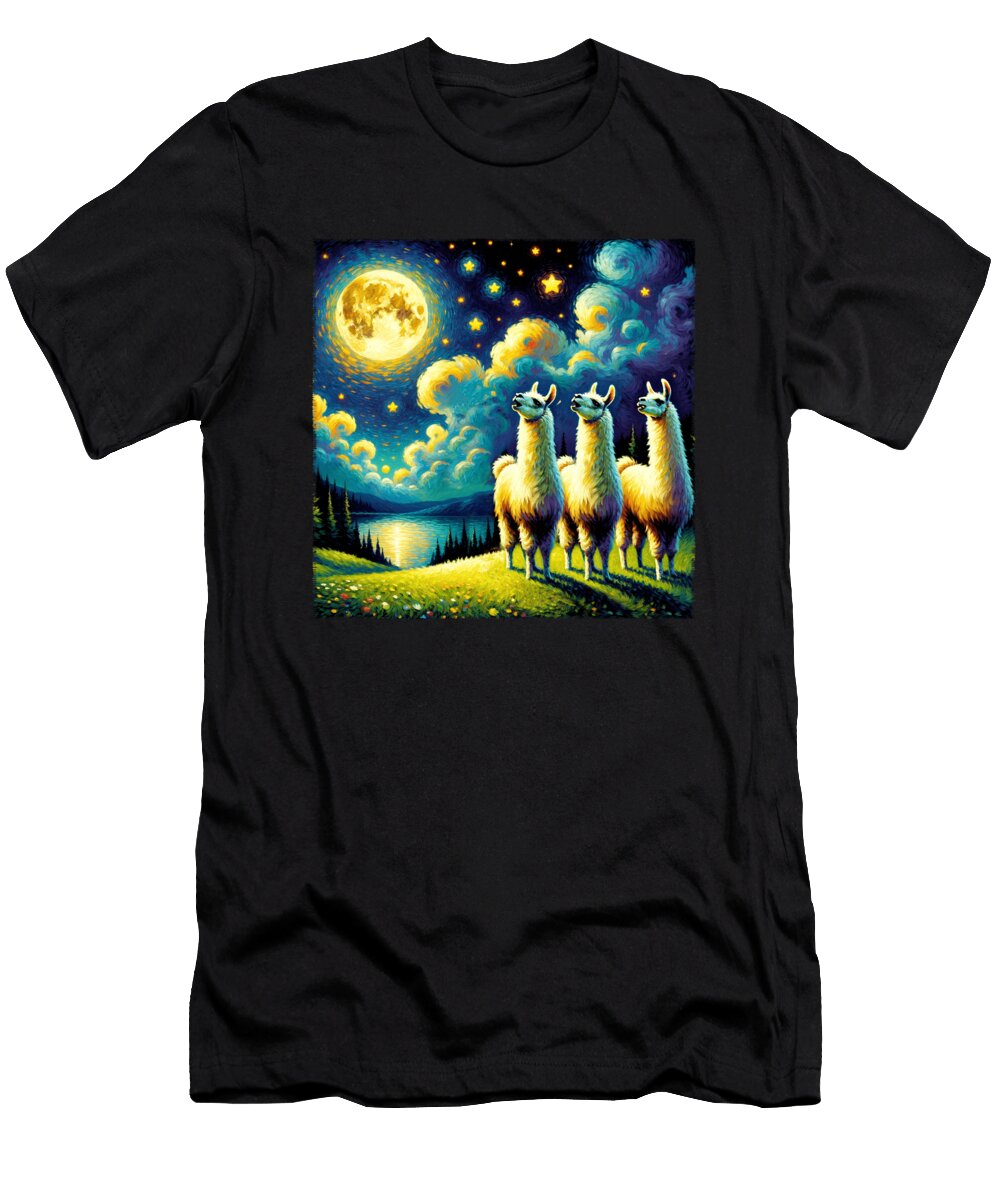 Starry Night Three Llama Alpaca Howling At Moon Van Gogh Lover Job T-Shirt