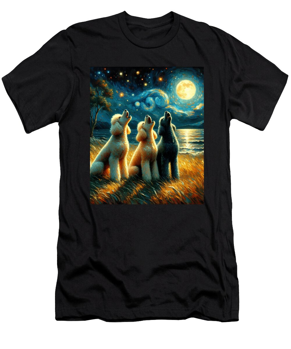 Starry Night Three Poodles Howling At Moon Dog Lover Job T-Shirt