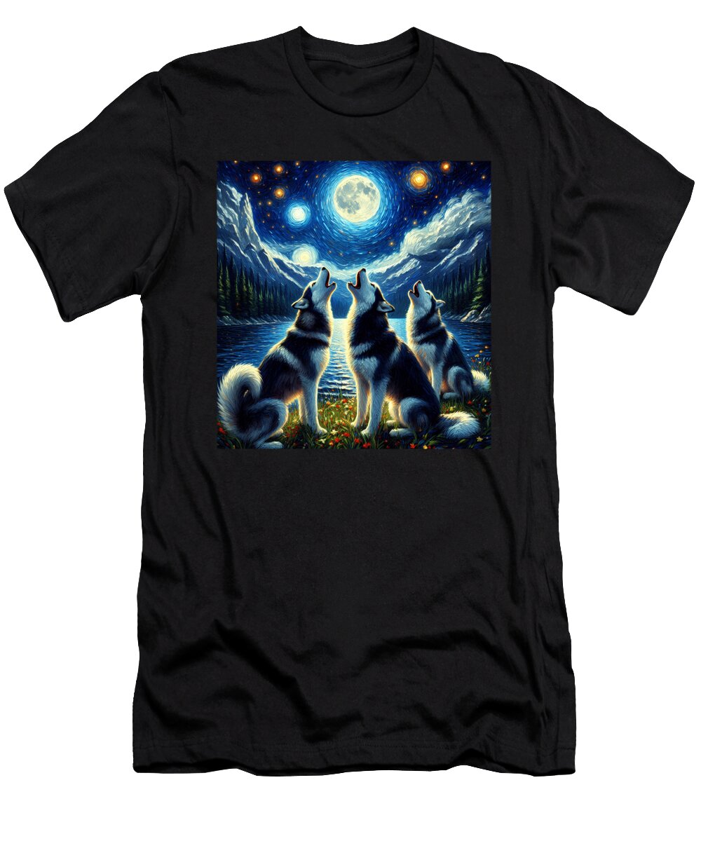 Starry Night Three Siberian Huskies Howling At Moon Dog Lover Job T-Shirt