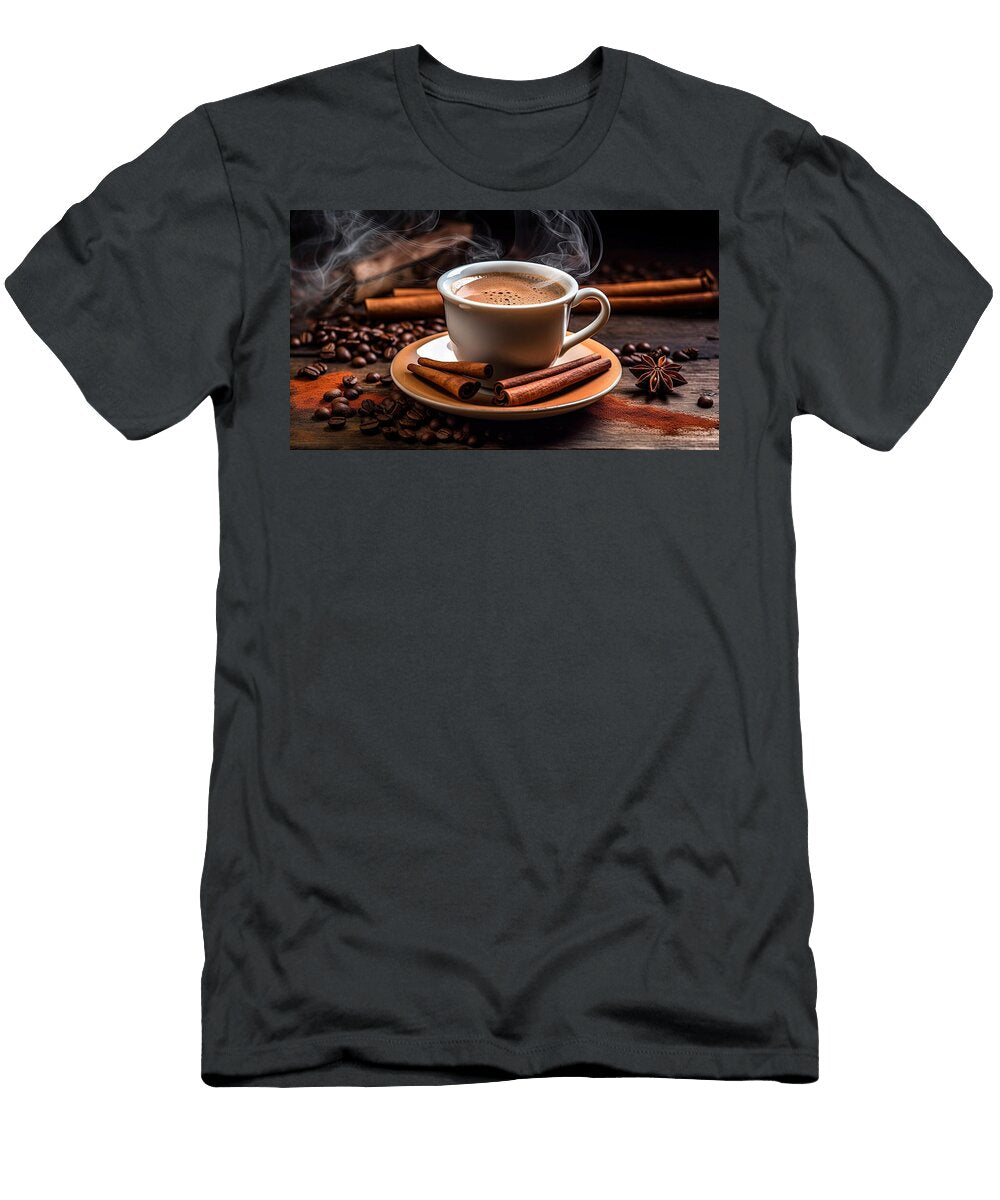 Steaming Coffee Cup with Fragrant Cinnamon and Coffee Beans Coffee T-Shirt