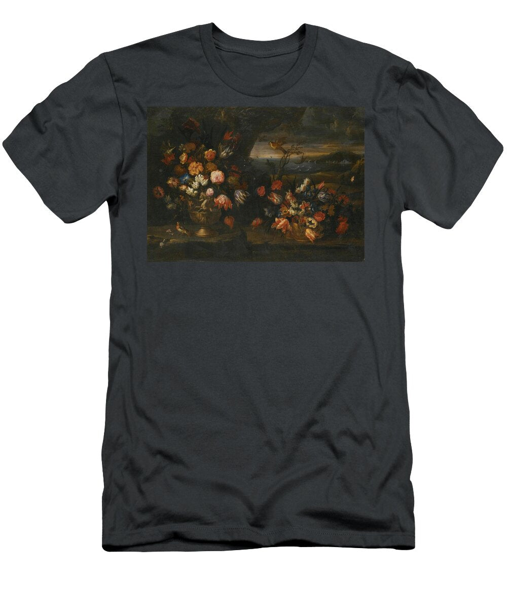Still Life with Vase of Flowers in a Coastal Landscape Setting Francesco Caldei Italian T-Shirt