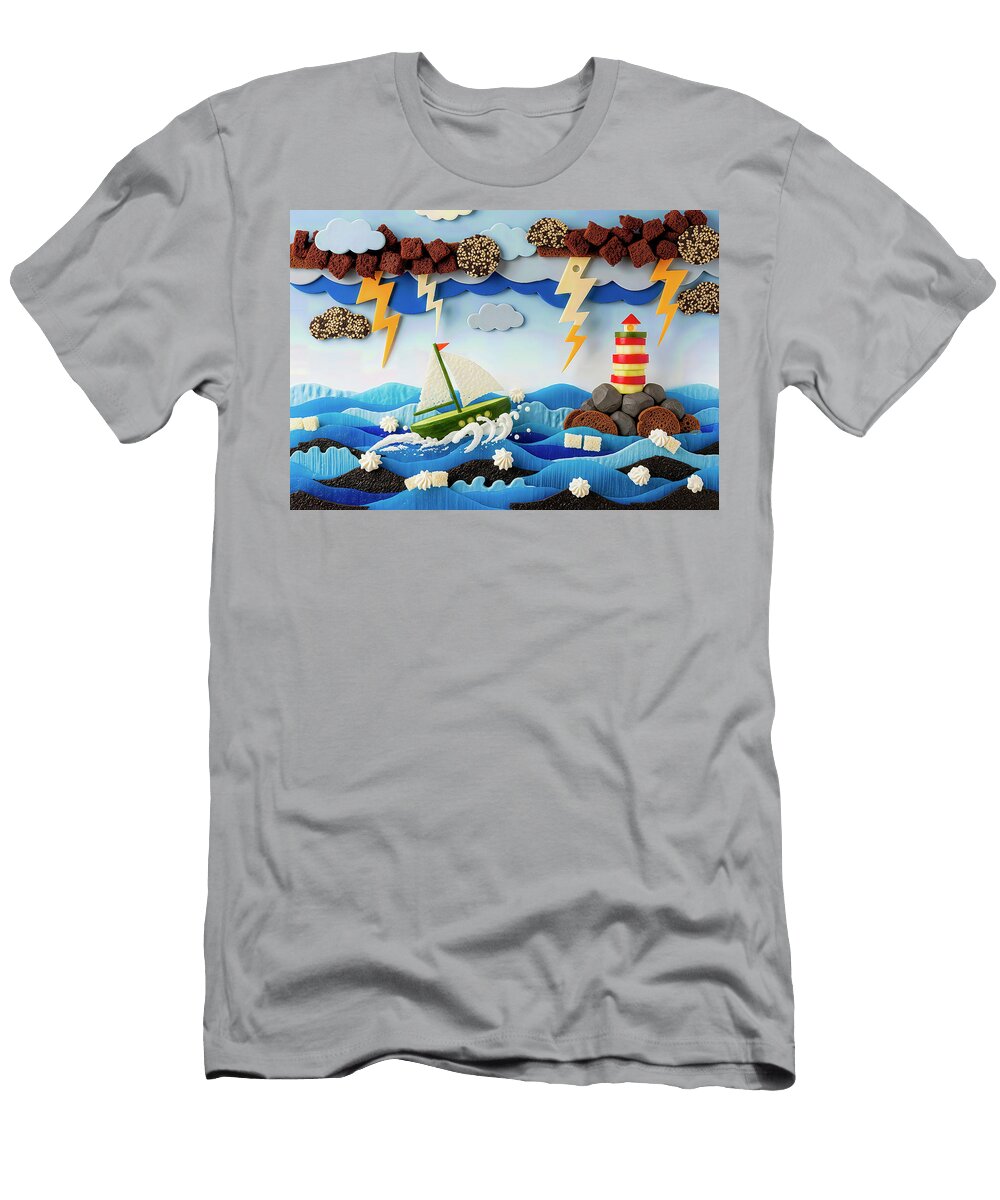 Stormy Seas with Sailboat and Lighthouse Caporusso Vitantonio T-Shirt
