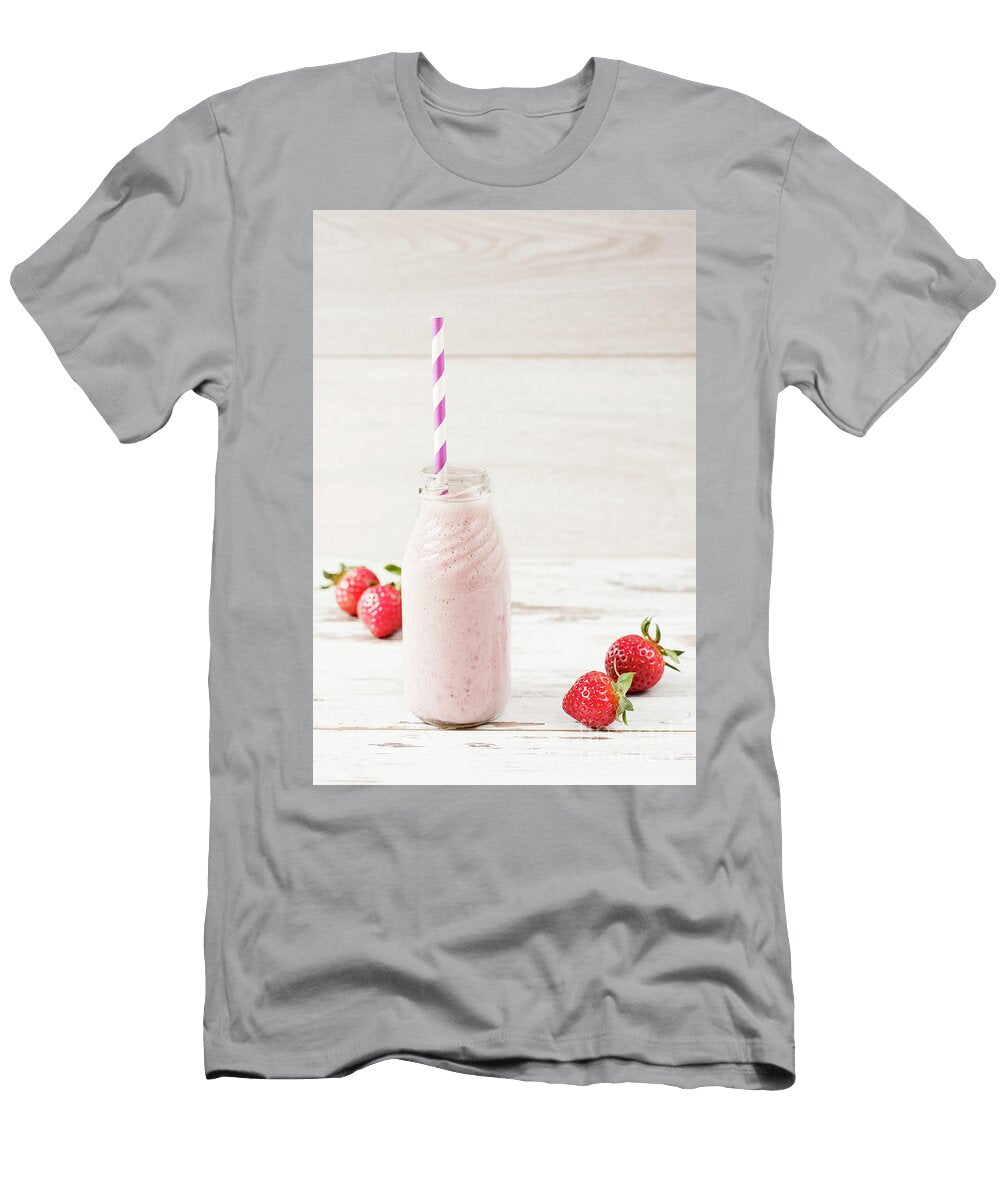 Strawberry Milk in Glass Bottle with Straw on Old Vintage Wooden Background Fresh Strawberries Light Wood Table Sevda Stancheva T-Shirt