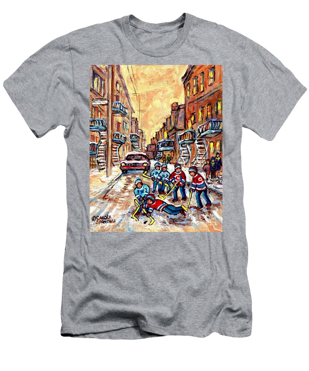 Street Hockey Game 4th Ave Verdun Montreal Art C Spandau City Scene Painting Carole Spandau T-Shirt