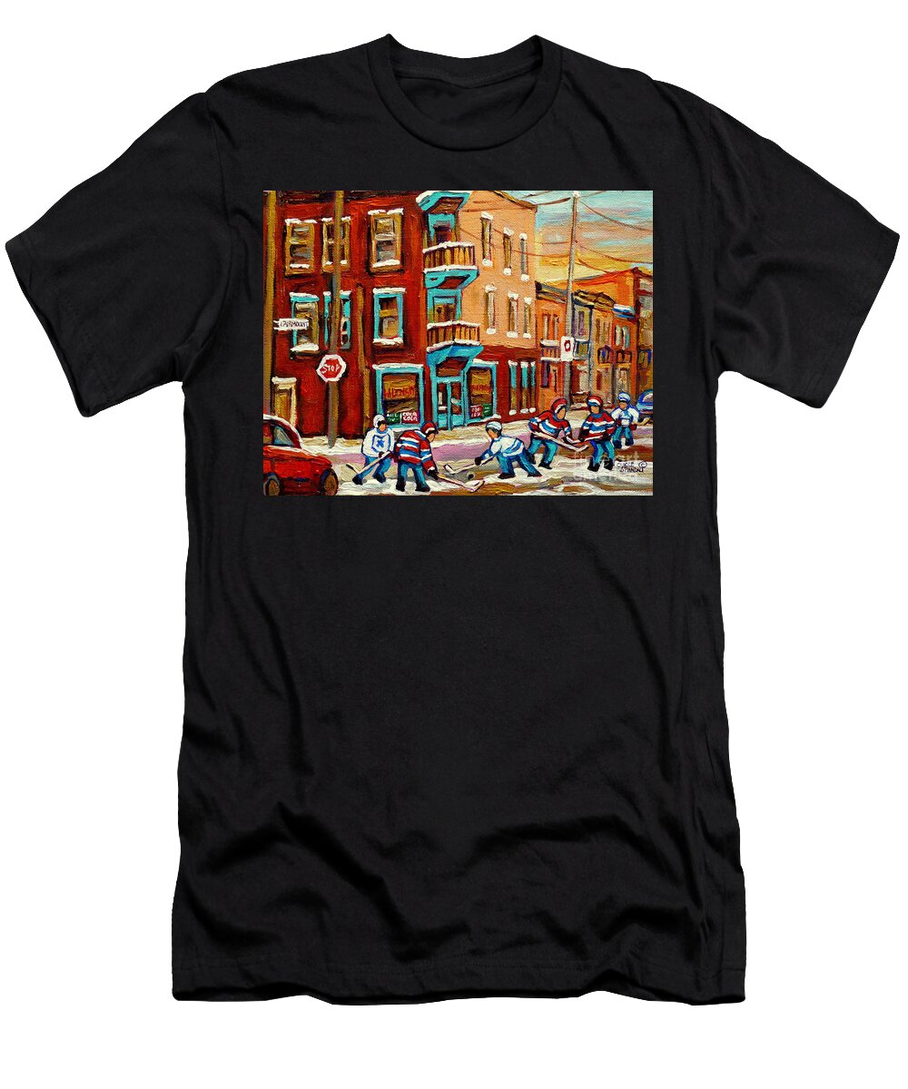 Street Hockey Practice Wilenskys Diner Montreal Winter Street Scenes Paintings Carole Spandau Carole Spandau T-Shirt