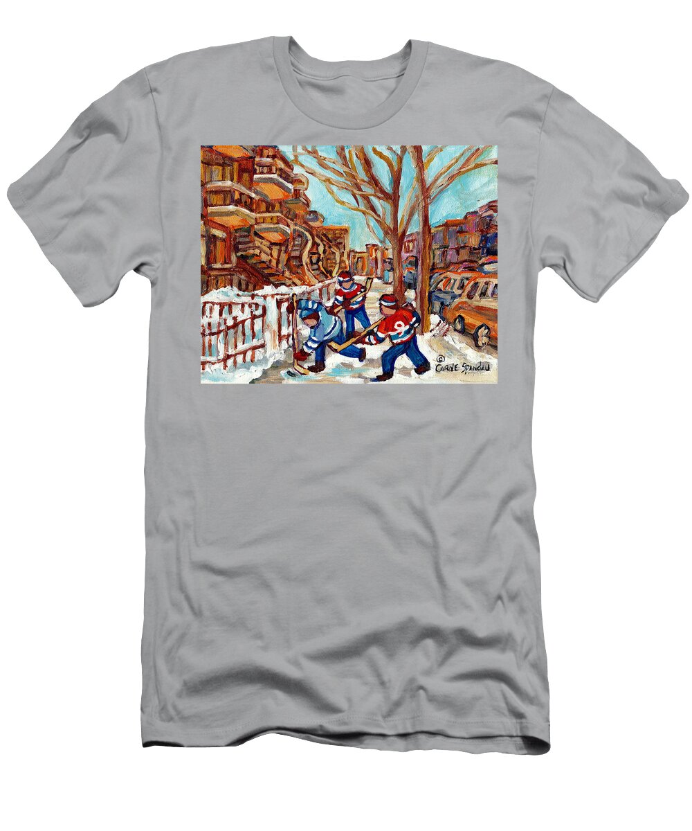 Streets of Montreal Verdun to the Plateau Winter Staircase Scenes Hockey Art C Spandau Canadian Art Carole Spandau T-Shirt