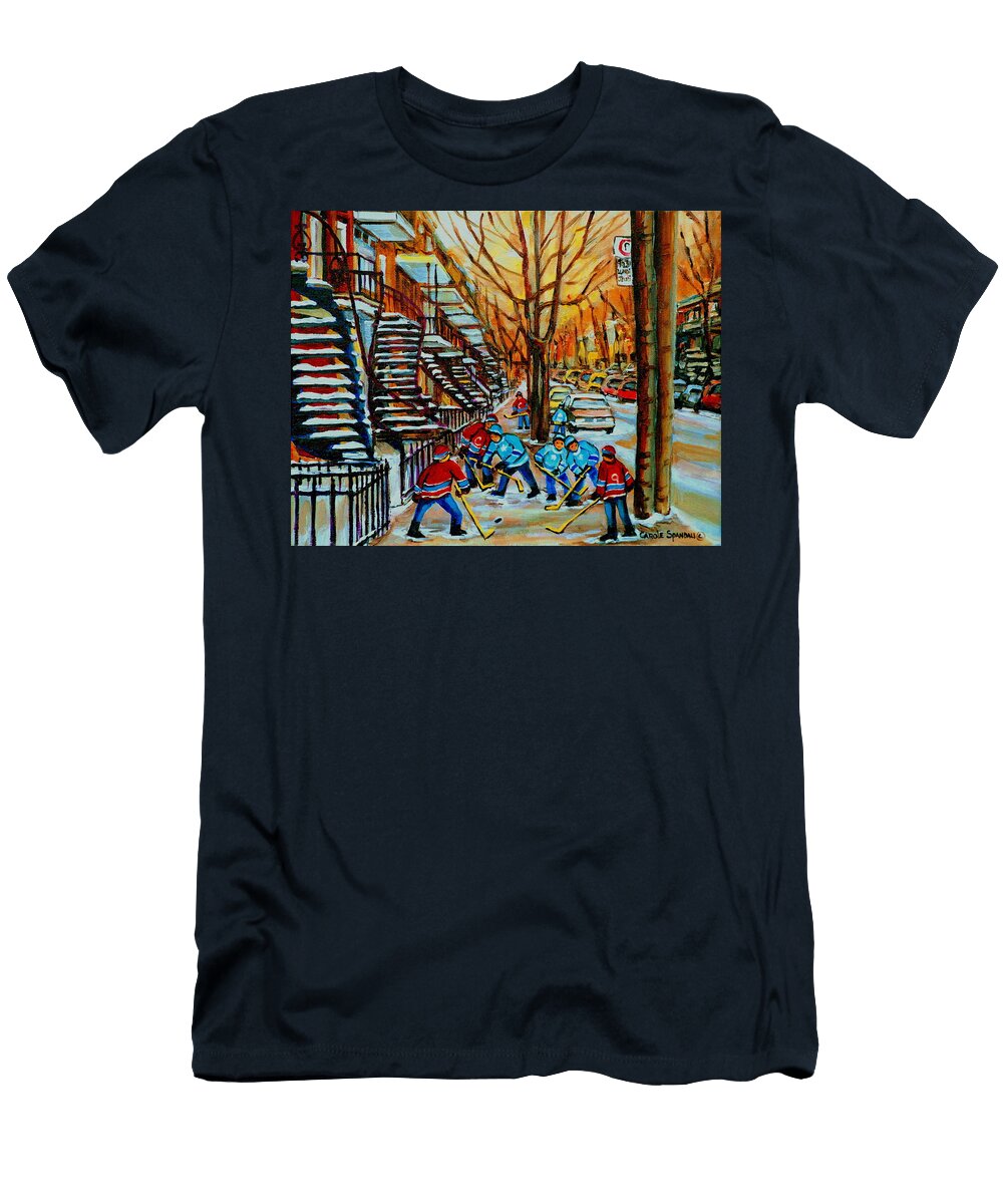 Streets of Verdun Hockey Art Montreal City Scenes with Winding Staircases and Row Houses Carole Spandau T-Shirt