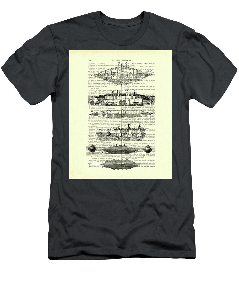 Submarine Diagram on Antique French Book Page Madame Memento T-Shirt