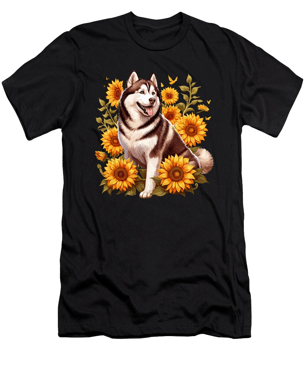 Sunflowers Floral Siberian Husky Dog Lover Natalie Lidford T-Shirt