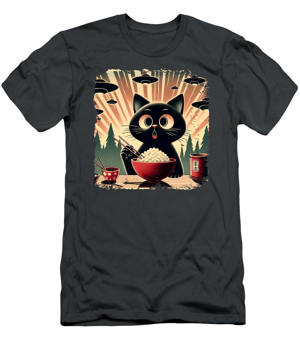 Surprised Black Cat Eating Rice While Ufo Invade Zyneu Gangd T-Shirt