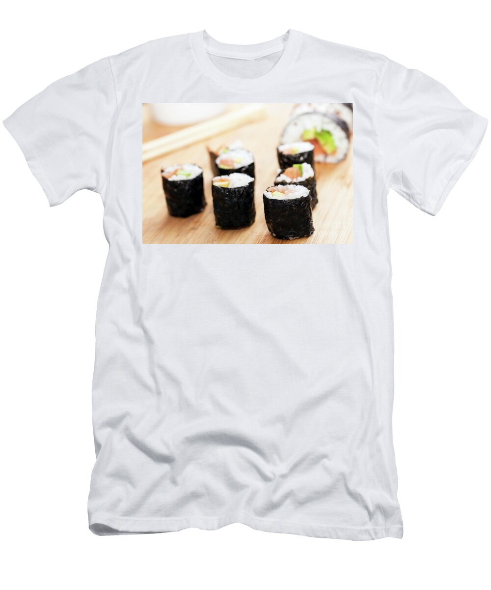 Sushi Rolls with Salmon Avocado Rice in Seaweed and Chopsticks Michal Bednarek T-Shirt
