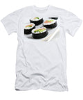 Sushi Rolls with Salmon Avocado Rice in Seaweed and Chopsticks on a Plate Michal Bednarek T-Shirt