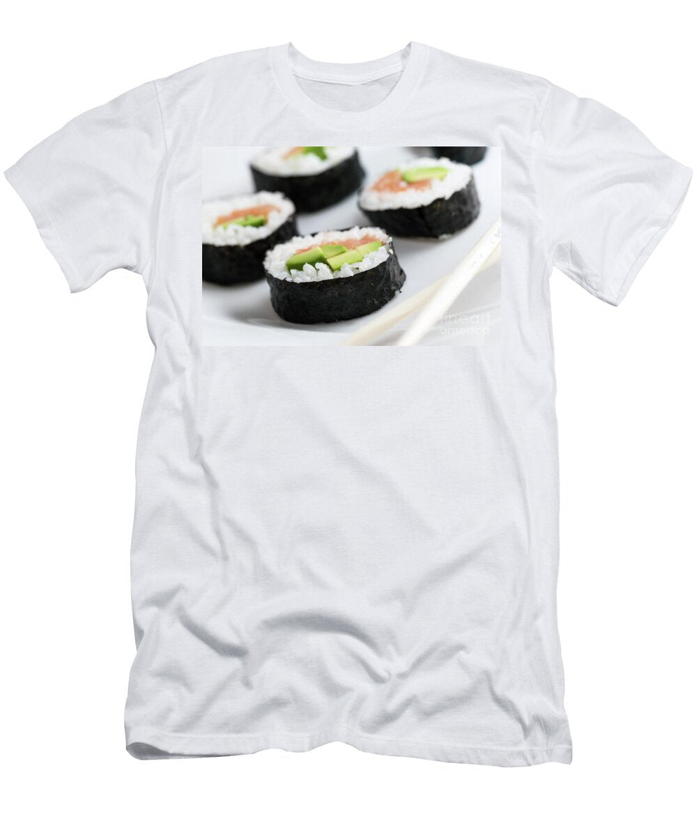 Sushi Rolls with Salmon Avocado Rice in Seaweed and Chopsticks on a Plate Michal Bednarek T-Shirt