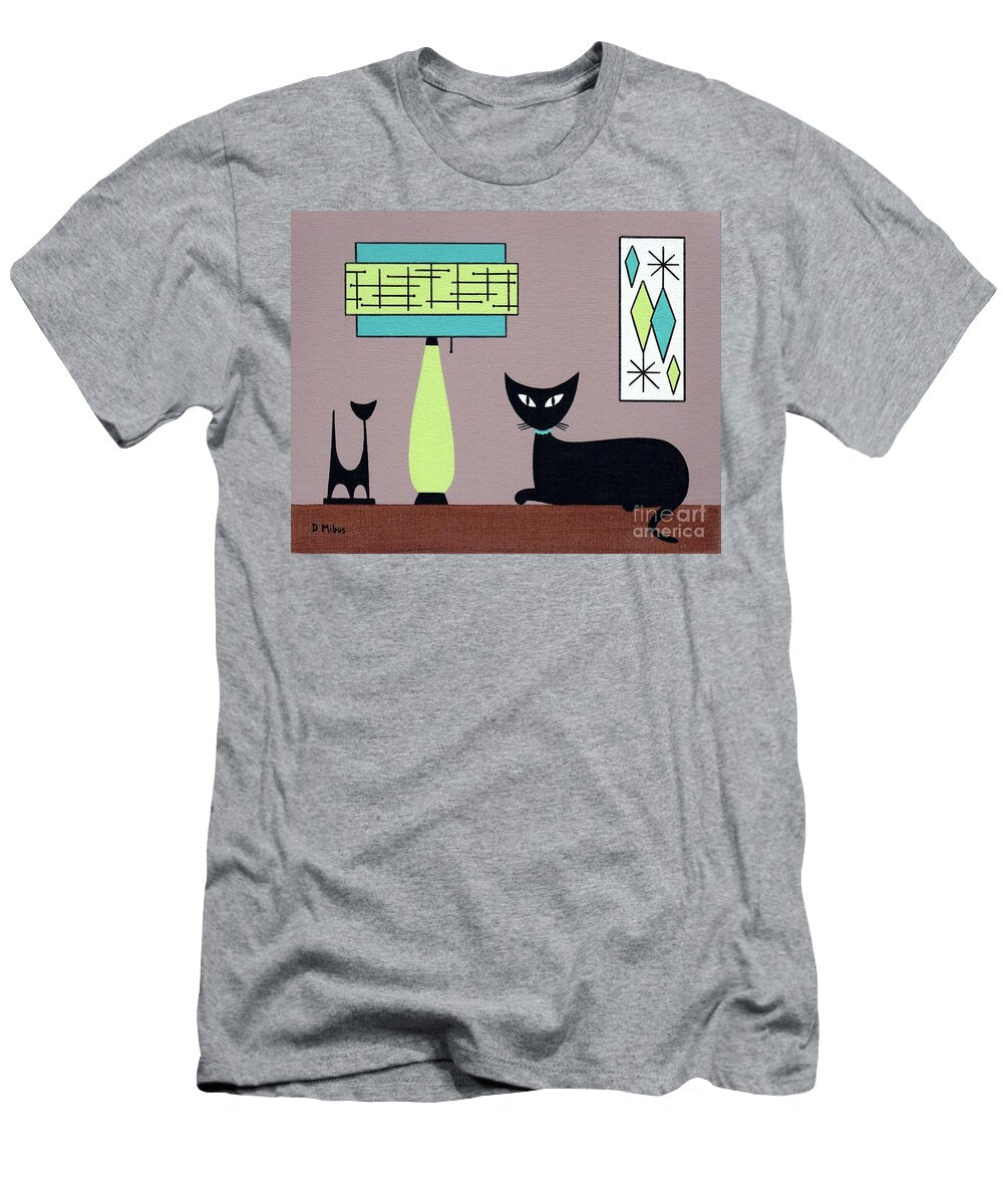 Tabletop Cat with Teal and Avocado Green Lamp Donna Mibus T-Shirt