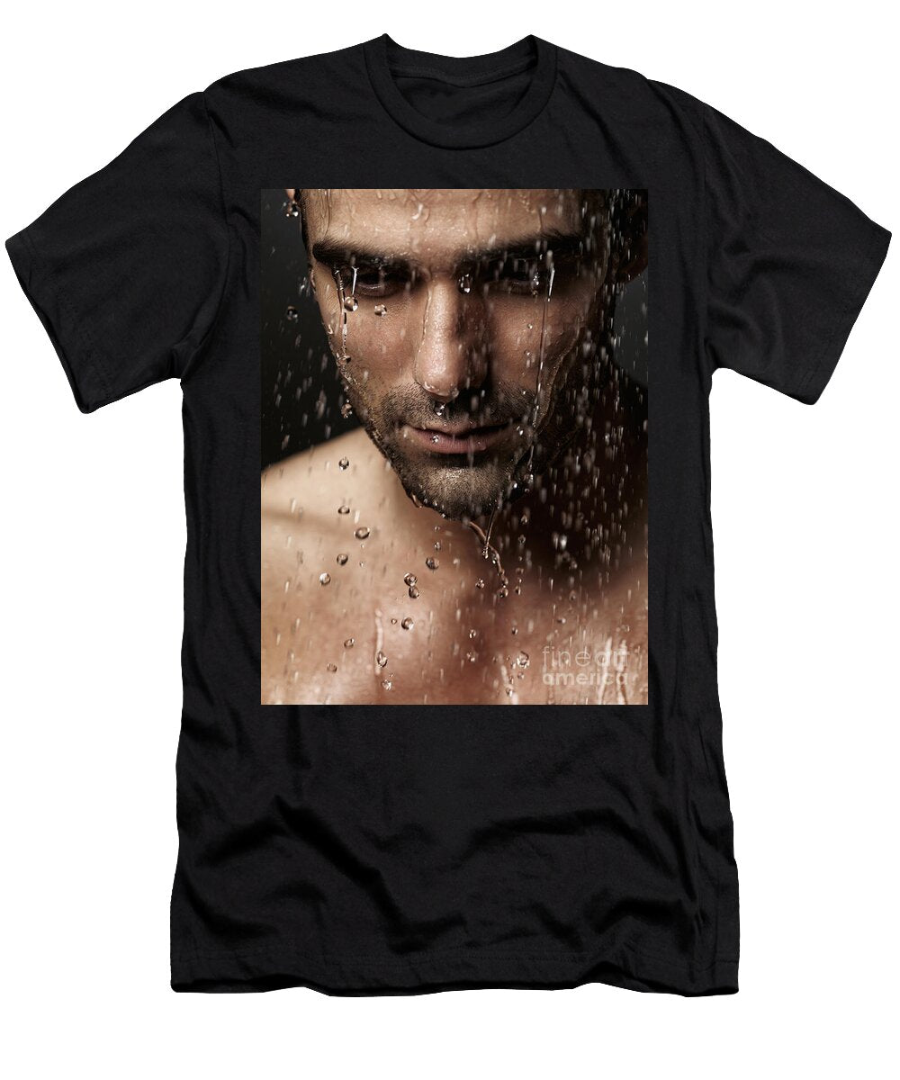 Thoughtful Man Face Under Pouring Water Oleksiy Maksymenko T-Shirt