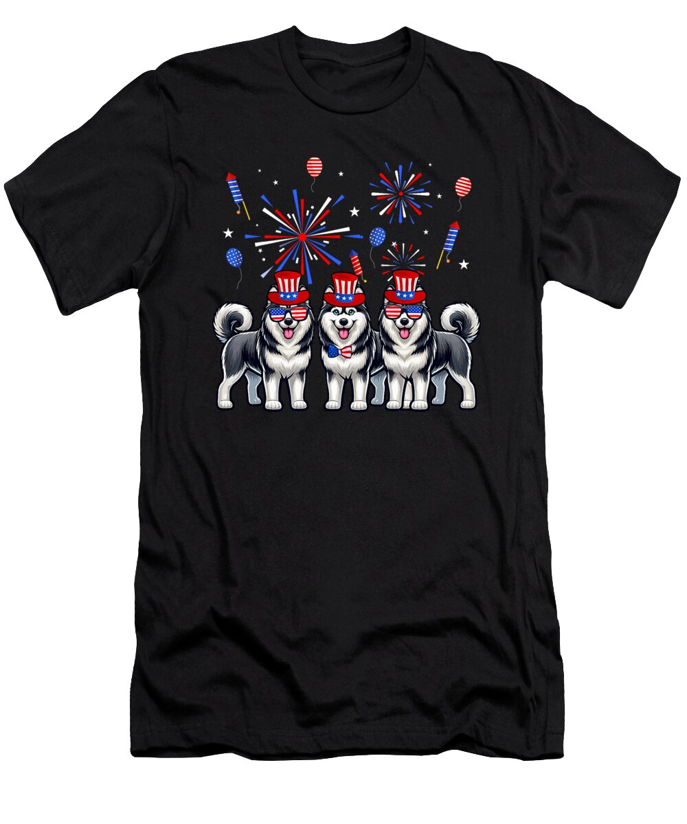 Three Cute Huskies Sunglasses American Flag 4th Natalie Lidford T-Shirt