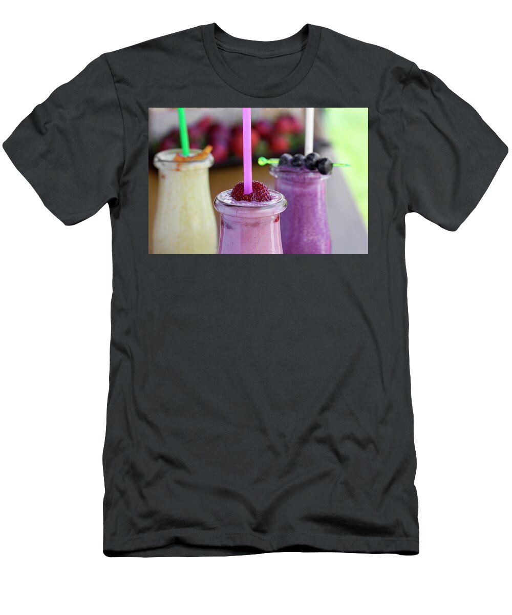 Three Fruit Milkshakes with Fresh Organic Ingredients Including Sebastian Radu T-Shirt