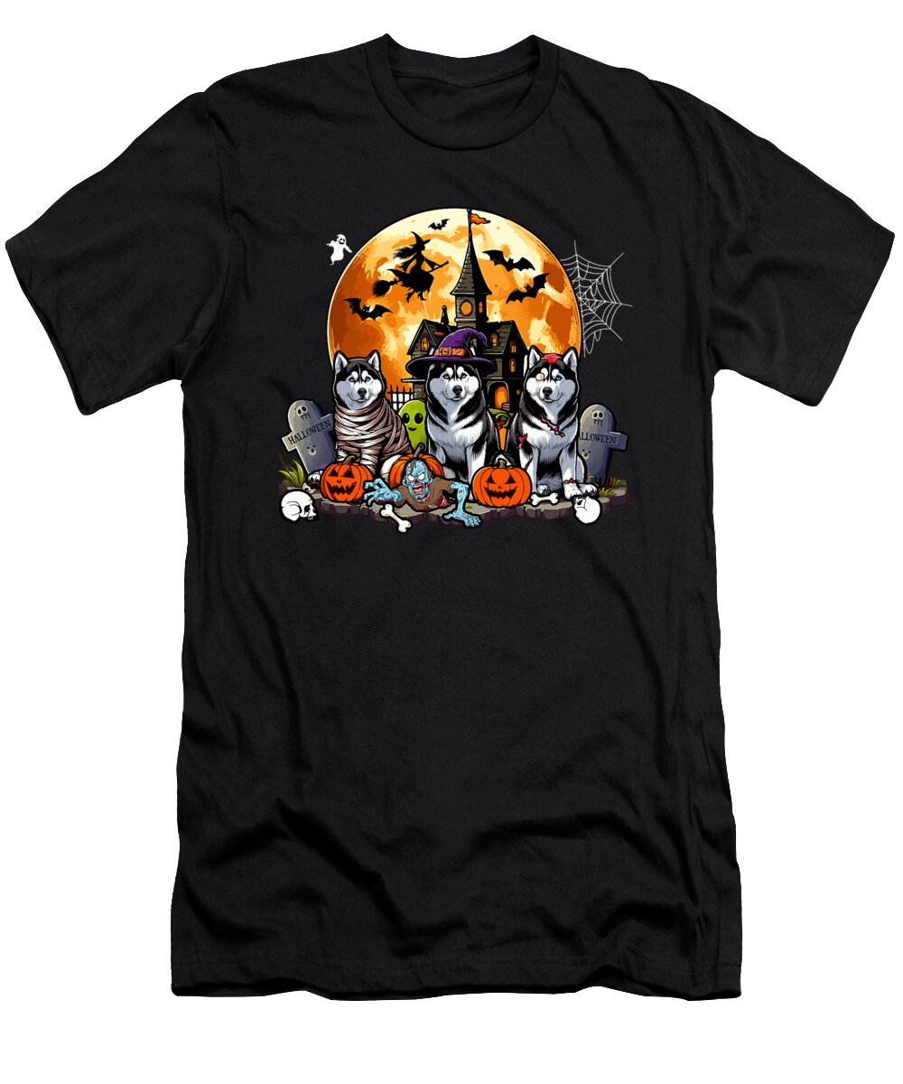 Three Halloween Huskies As Horror Witch Mummy Sophie Eleanor T-Shirt