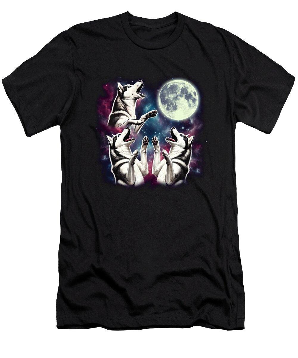 Three Siberian Huskies Howling At Moon Funny Weird Cursed Meme Job T-Shirt
