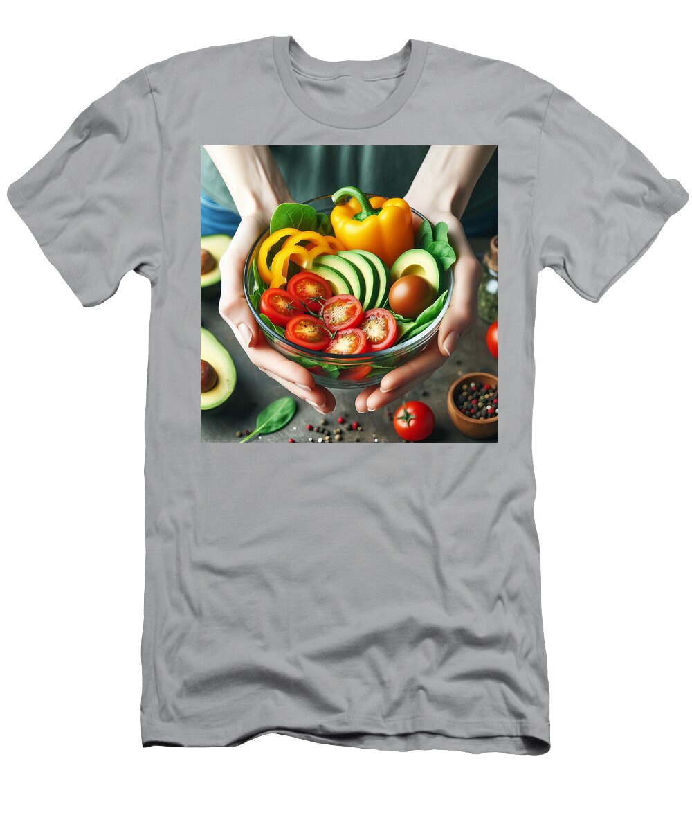 Top View of Woman Hands Holding Fresh Garden Salad Bowl with Sliced Avocado and Cherry Tomatoes Talha Khan T-Shirt