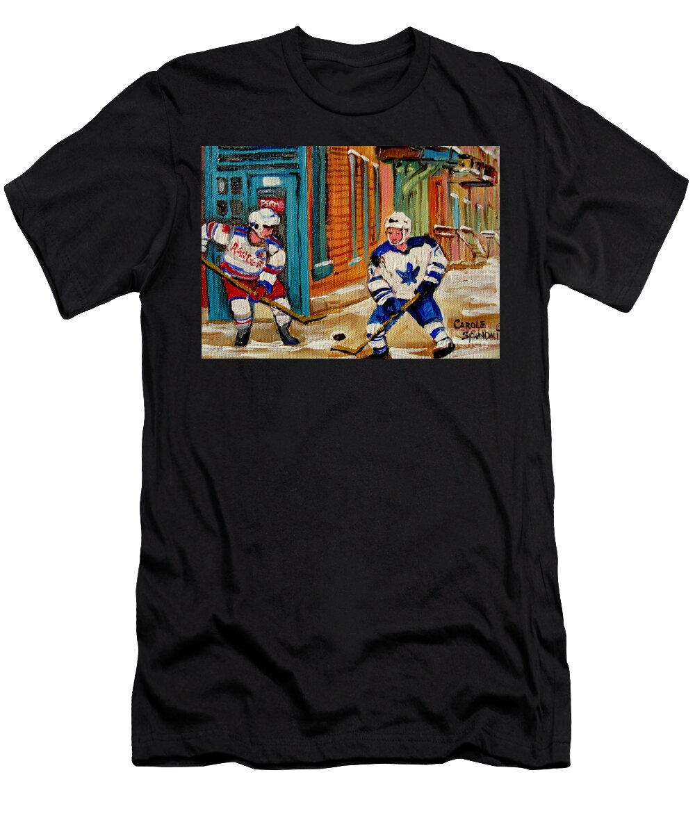 Toronto Maple Leaf Vs New York Ranger Players Near Wiensky Diner Montreal Winter Street Hockey Scene Carole Spandau T-Shirt