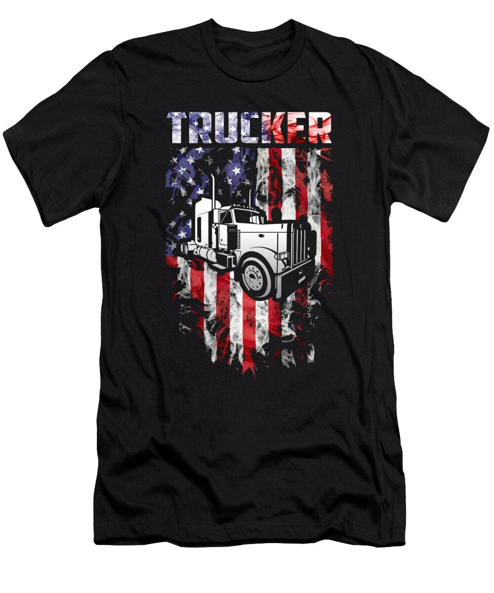 Trucker with American Flag US Trucker Licensed Art T-Shirt