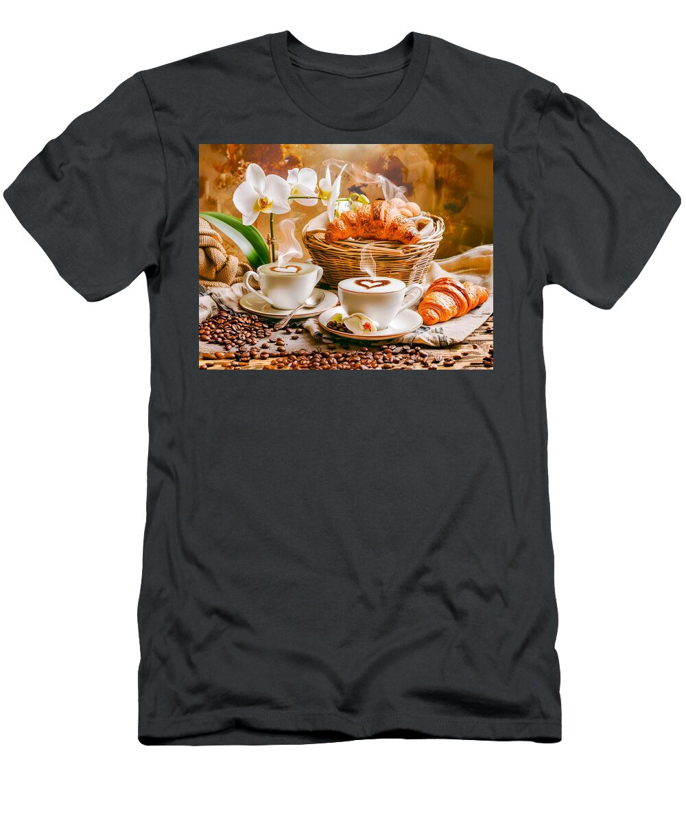 Two Cappuccinos with Croissants and Orchids Art Momente T-Shirt