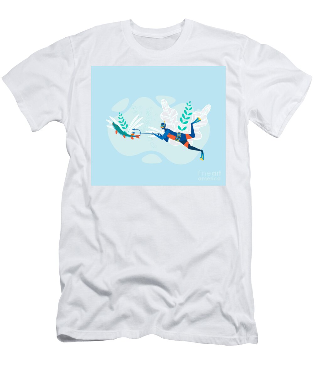 Underwater Fishing Cartoon Spear Water Ocean Sea Catch Diving Noirty Designs T-Shirt