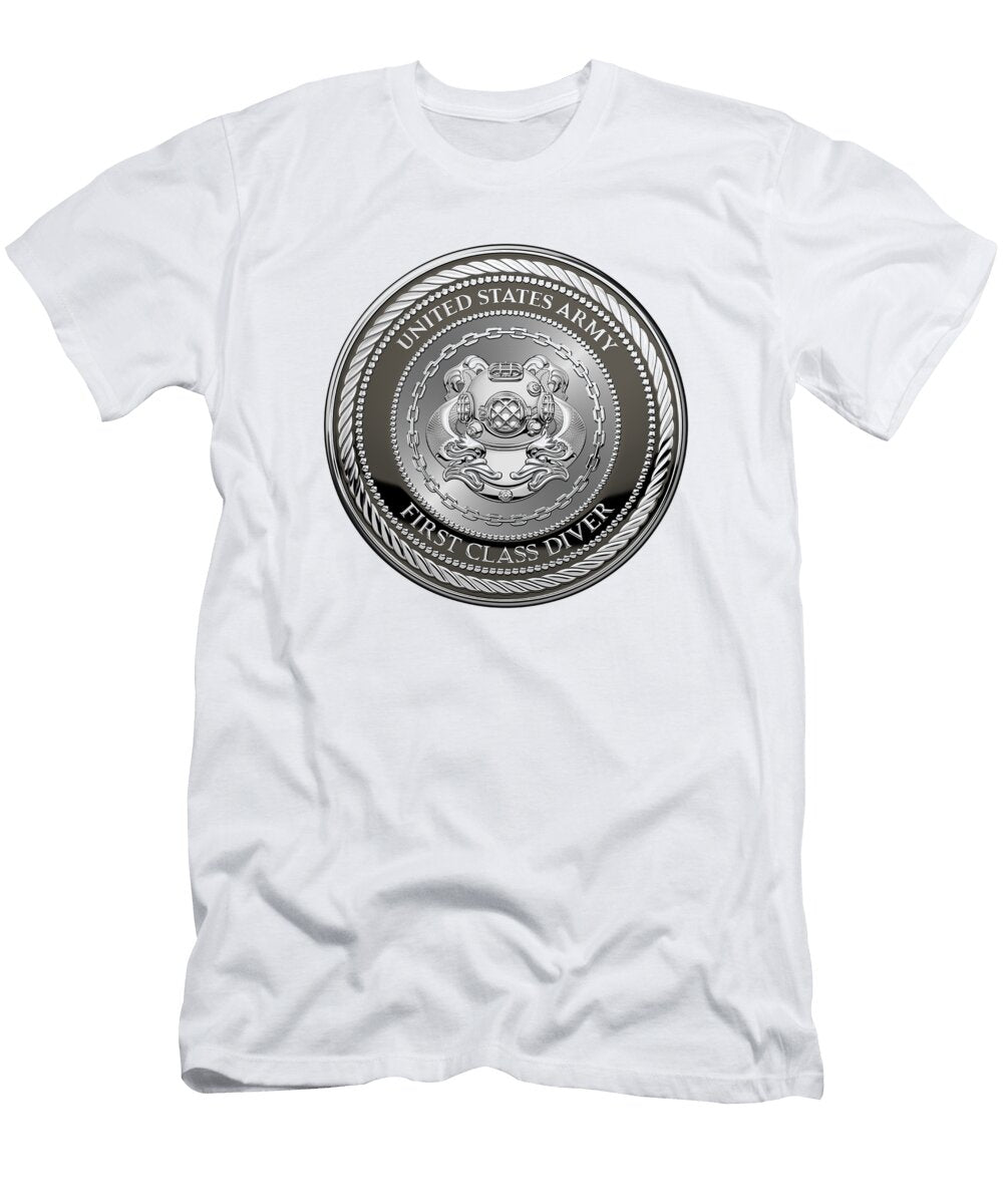 US Army Engineer Divers First Class Diver Badge Special Edition Over White Leather Serge Averbukh T-Shirt