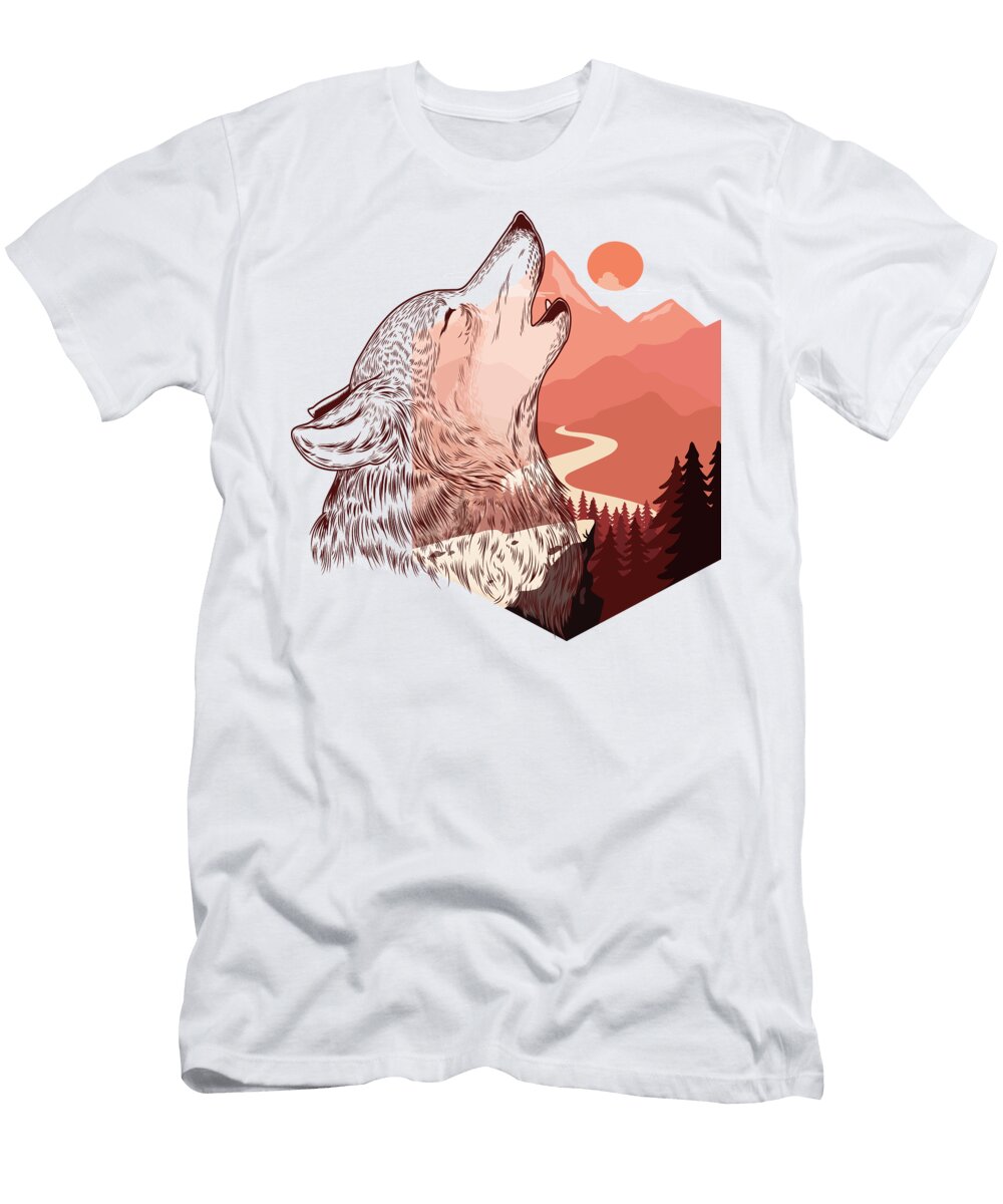 Vector Illustration of a Howling Wolf Landscape Silhouette Vector Illustration with Colorful Design Mounir Khalfouf T-Shirt